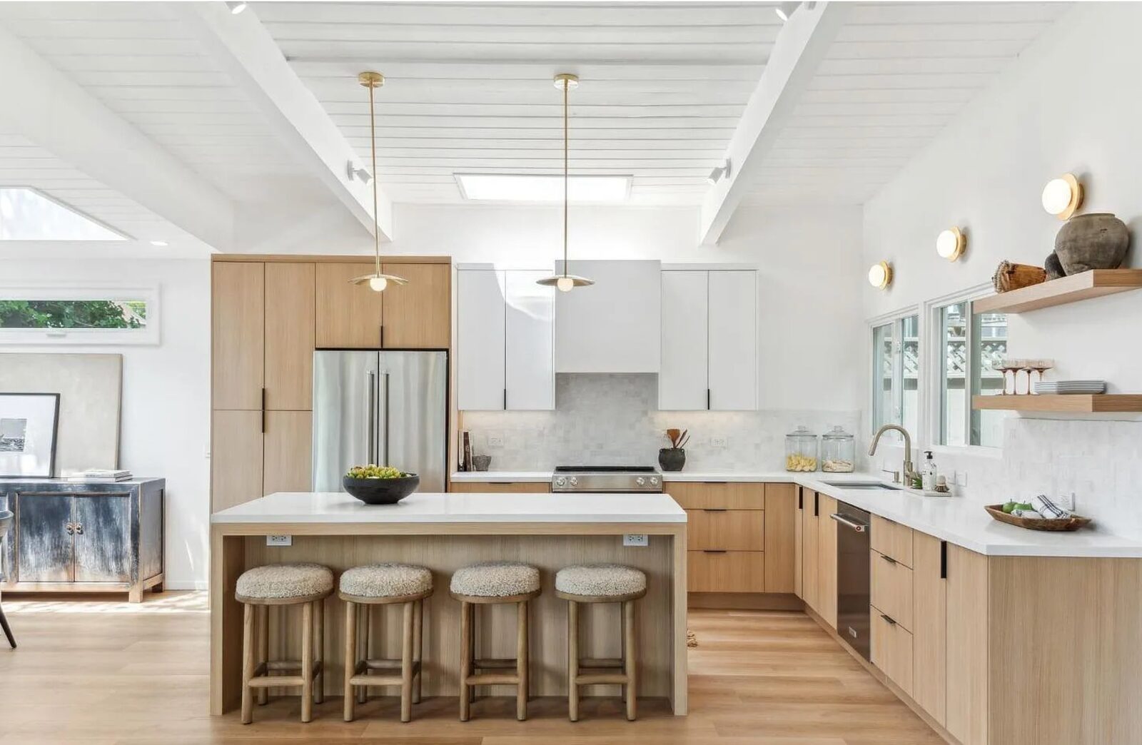 Terra Linda kitchen remodel — vaulted ceiling, custom wood and white cabinetry, pendant lights